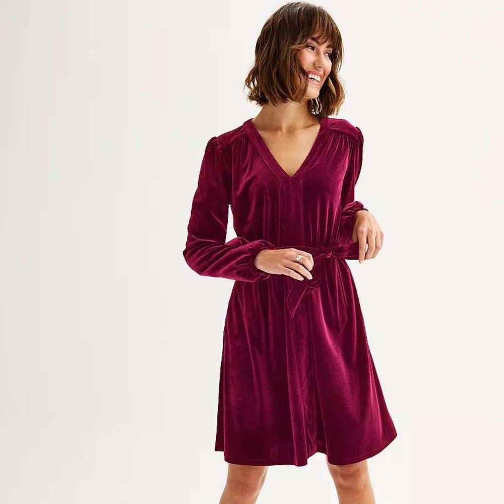 Draper James Womens S Wine Red Bishop‎ L/S Belted Velvet Dress VNeck Mini Dress